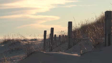 Sand-Dunes-Under-Cloudscape-With-Flying-Birds-During-Sunset