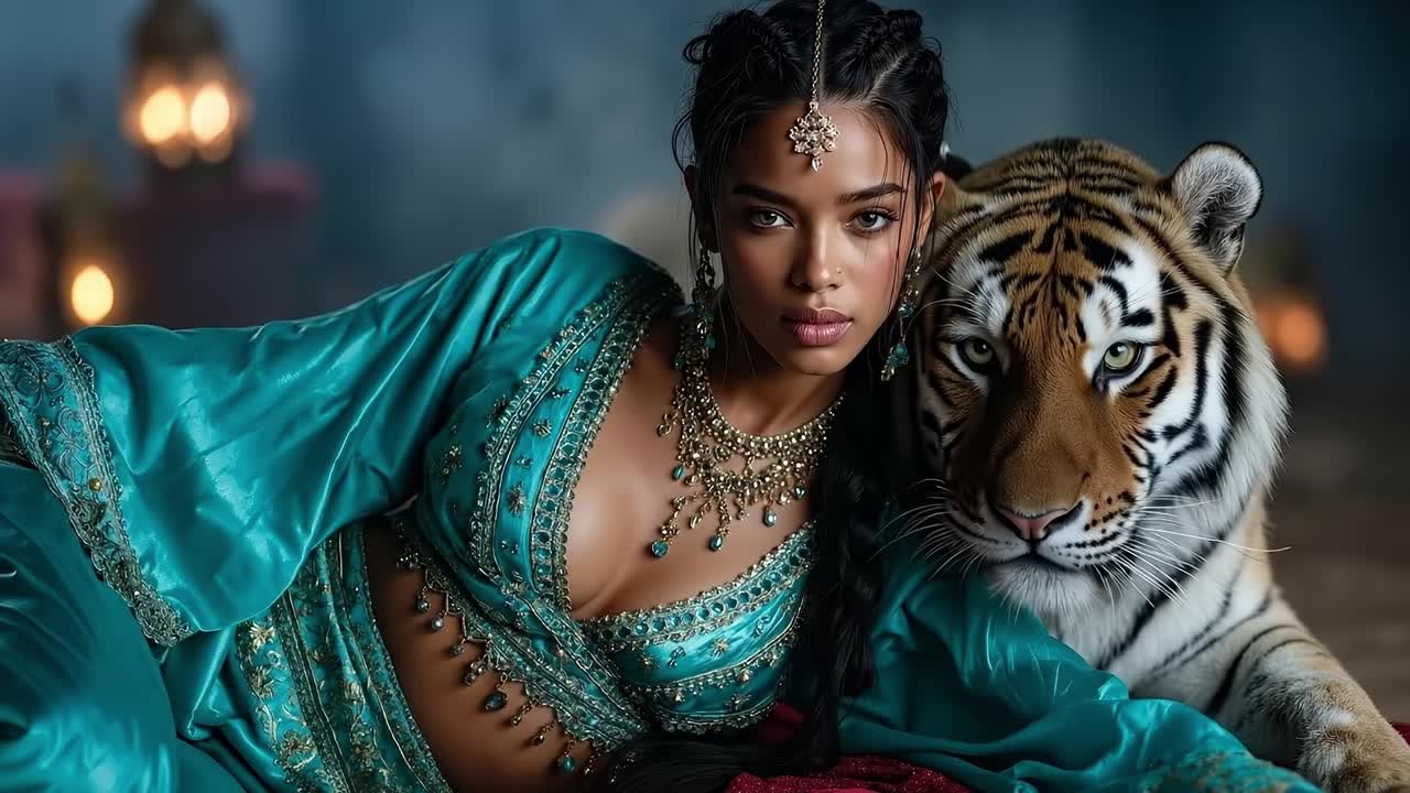 A woman in a blue dress sitting next to a tiger