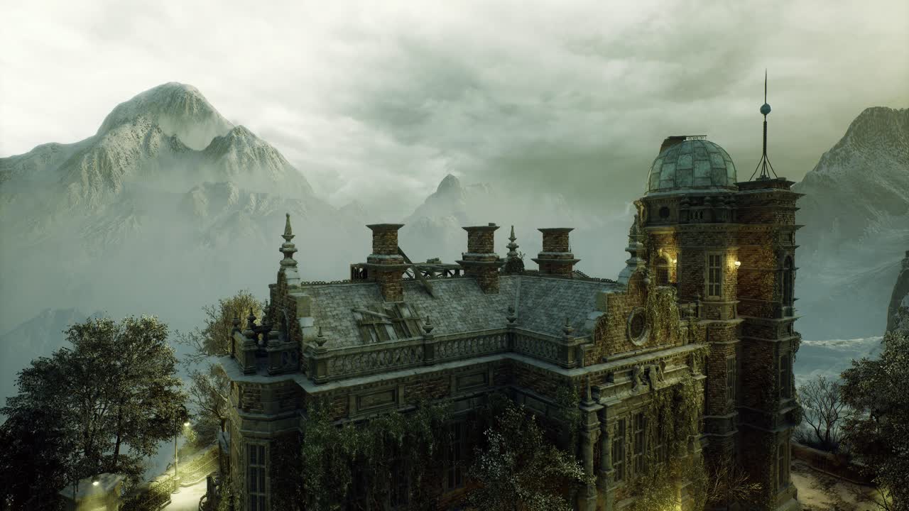 Historical fortress shrouded in fog surrounded by rugged peaks