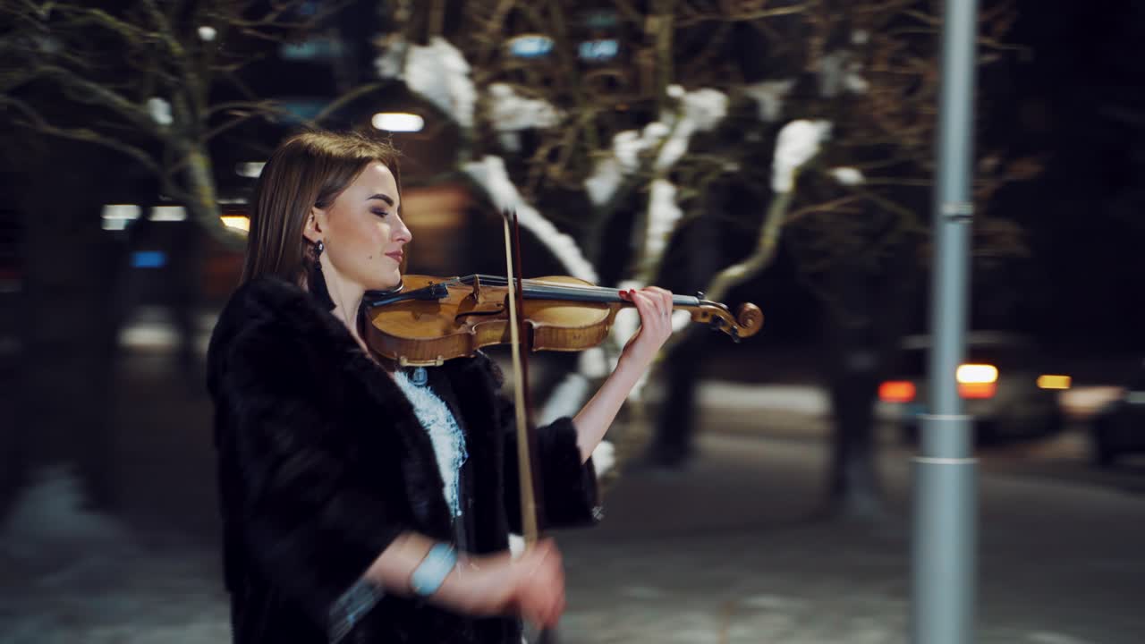 Artist playing violin at night. View of violinist girl playing in city outdoor at winter night