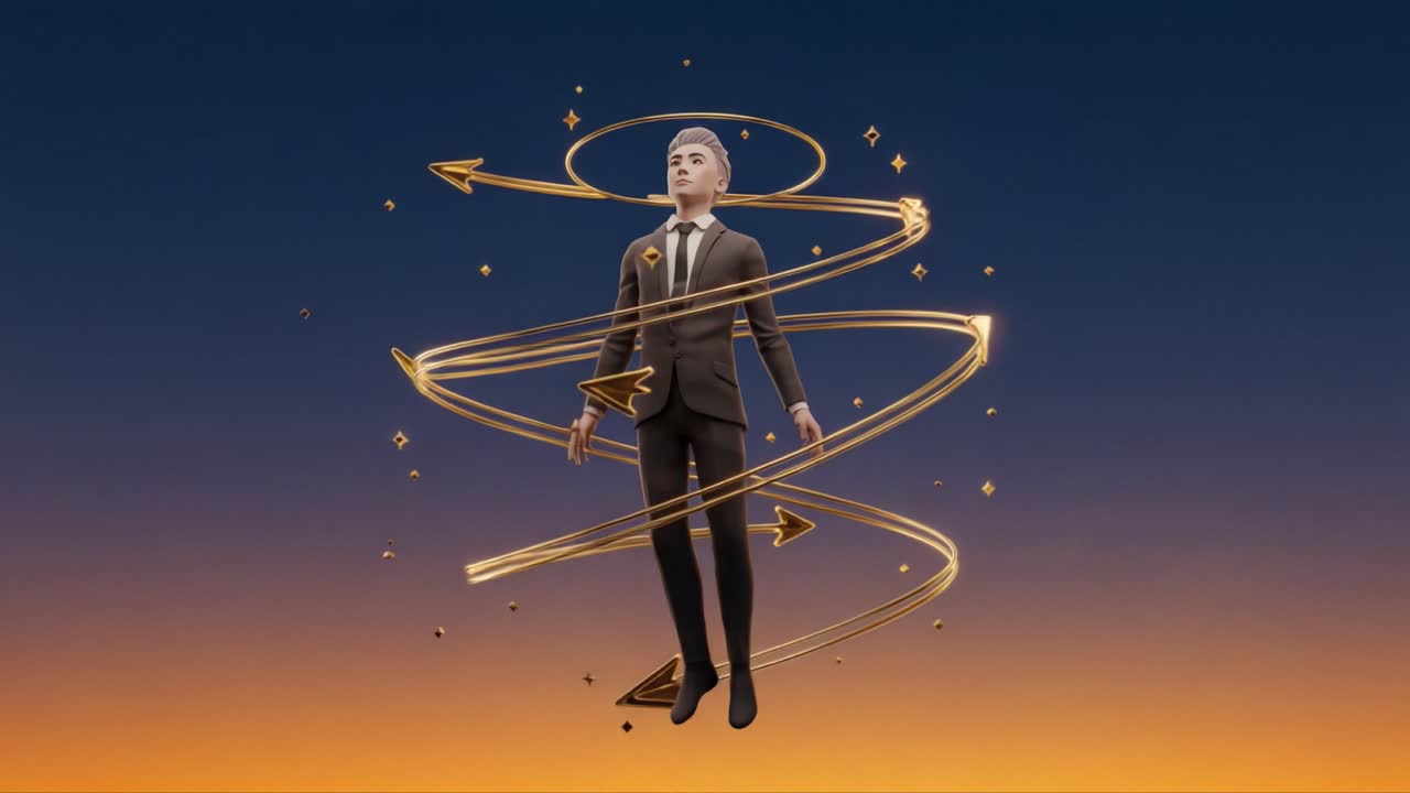 A Surreal Journey Through Time and Space, Featuring a Dapper Character Surrounded by Whirling Arrows and Stars, Invoking a Sense of Magic and Transformation