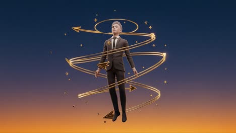 a surreal journey through time and space, featuring a dapper character surrounded by whirling arrows and stars, invoking a sense of magic and transformation