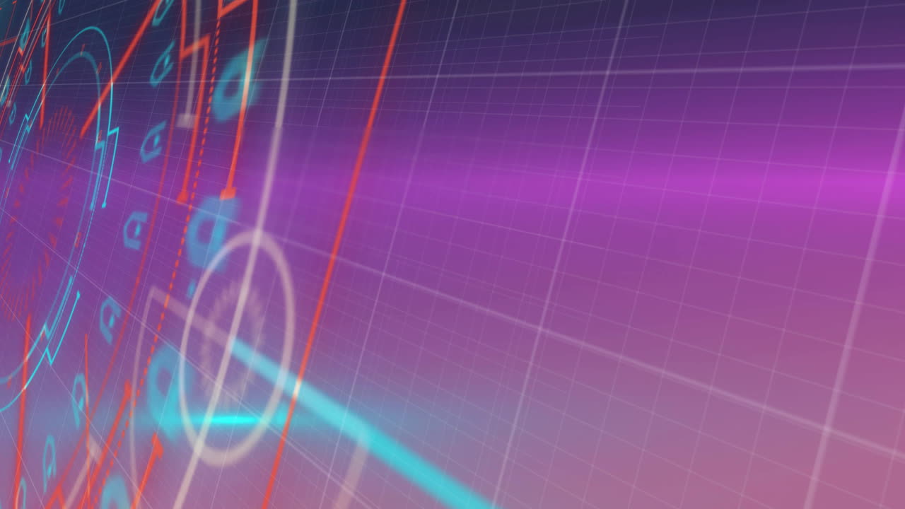 Animación de flechas, líneas y símbolos sobre destellos de lente contra un fondo abstracto
