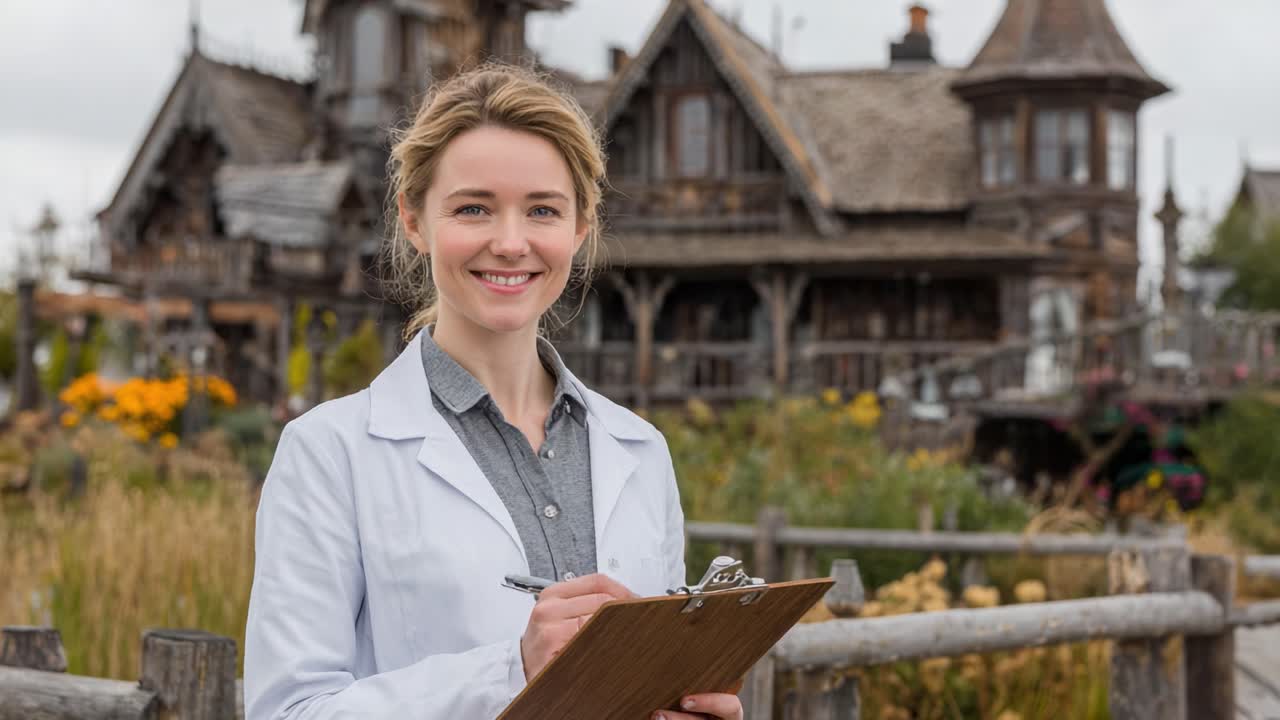 A Confident Young Woman in a Lab Coat Holding a Clipboard Smiles Brightly, Standing in Front of a Beautifully Crafted Wooden House in a Lush Outdoor Environment