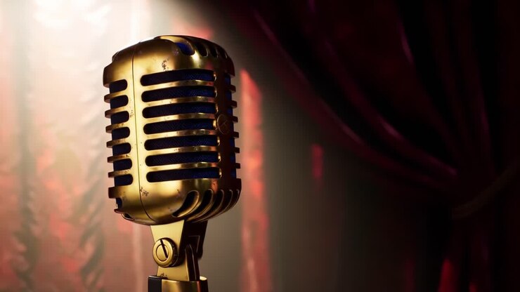 Elegante microfono vintage sotto i riflettori contro tende drappeggiate, che cattura l'essenza della performance dal vivo e dell'espressione musicale in un'atmosfera dinamica.
