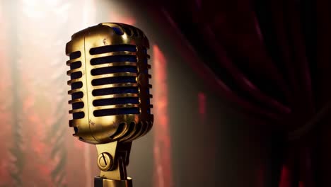 elegant vintage microphone in spotlight against draped curtains, capturing the essence of live performance and musical expression in a dynamic atmosphere