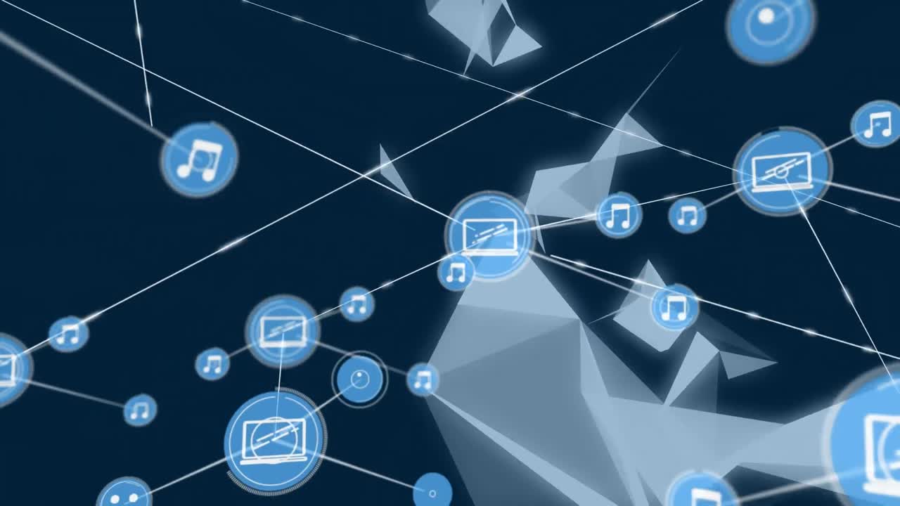 파란색 배경에 떠다니는 플렉서스 네트워크 위의 디지털 아이콘 네트워크의 애니메이션