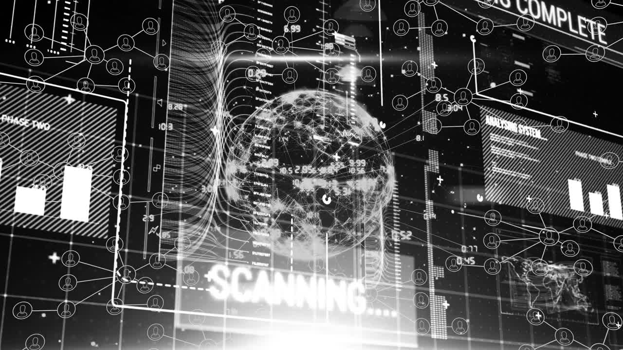 Animation of network of connections with people icons over globe and data processing
