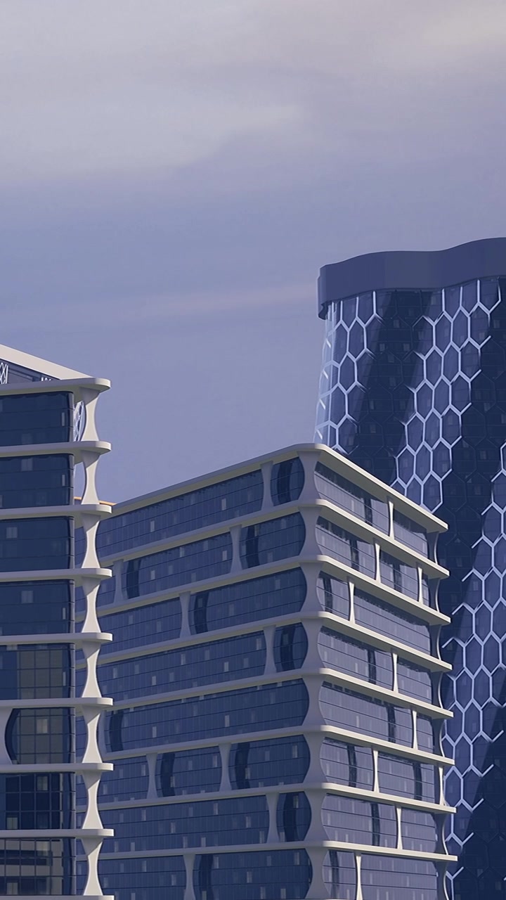 Edificios modernos en un entorno urbano con cielos despejados y un ambiente ajetreado.