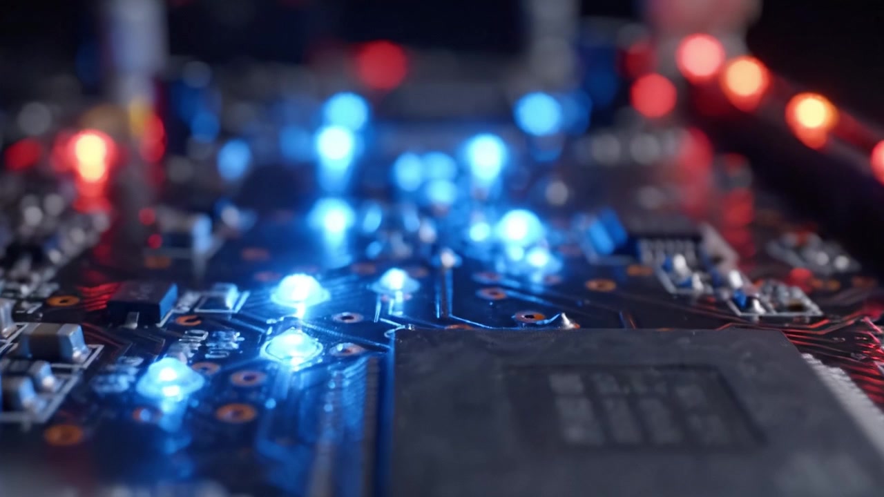 A Stunning Close-Up of a Circuit Board Highlighting Electronic Components and Vibrant LED Lights in a Dark Setting, Showcasing Modern Technology and Design