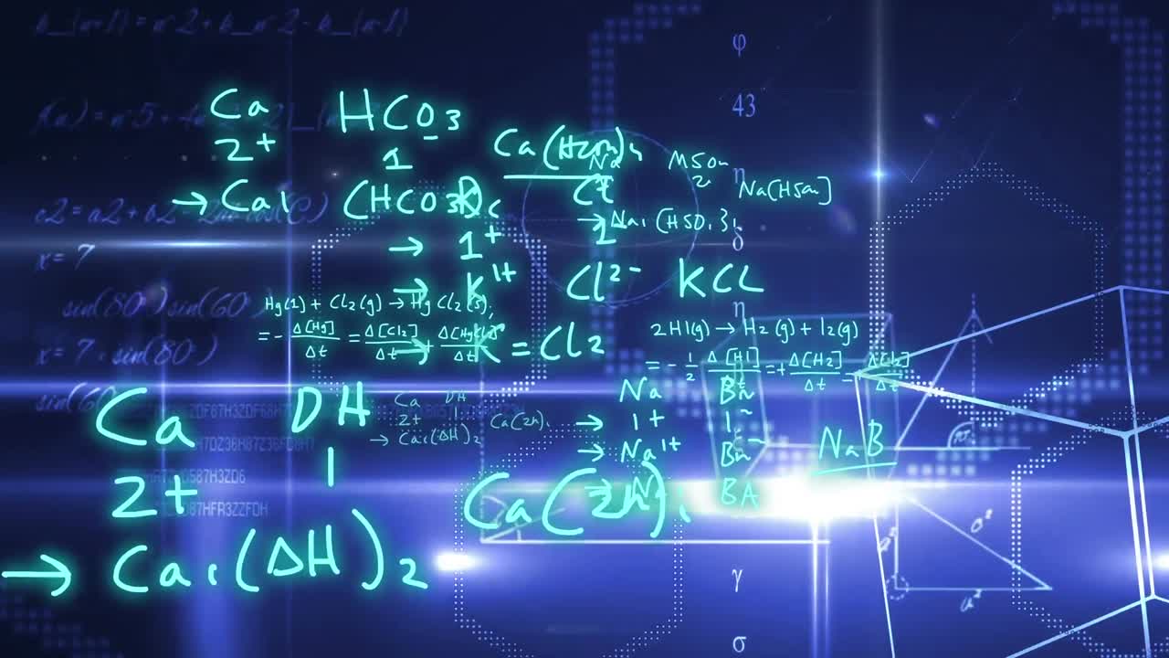 Animation of mathematical formulae and scientific data processing over black background