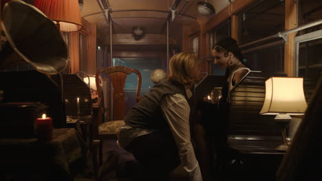 couple in a vintage train car
