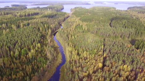 amazing drone video of a beautiful river leading to big lake in the borealis wilderness