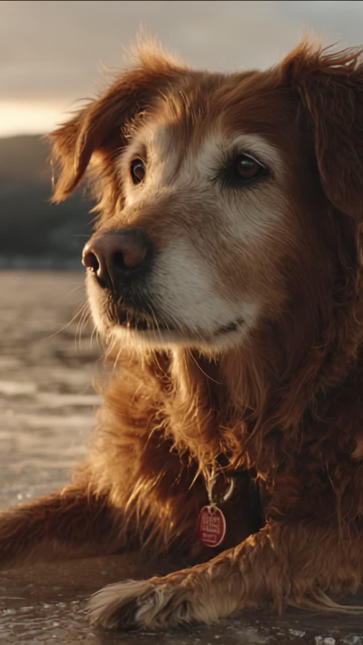 Golden Retriever entspannt am Strand bei Sonnenuntergang, ein friedlicher Moment der Ruhe und Zufriedenheit in der Natur mit weichem, warmem Licht