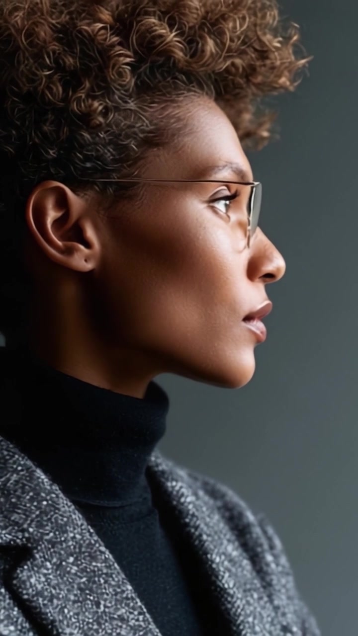 Un profilo elegante di un individuo moderno che mostra eleganza e sicurezza attraverso scelte di moda uniche e tratti distintivi, catturato in un'ambientazione con illuminazione soffusa.