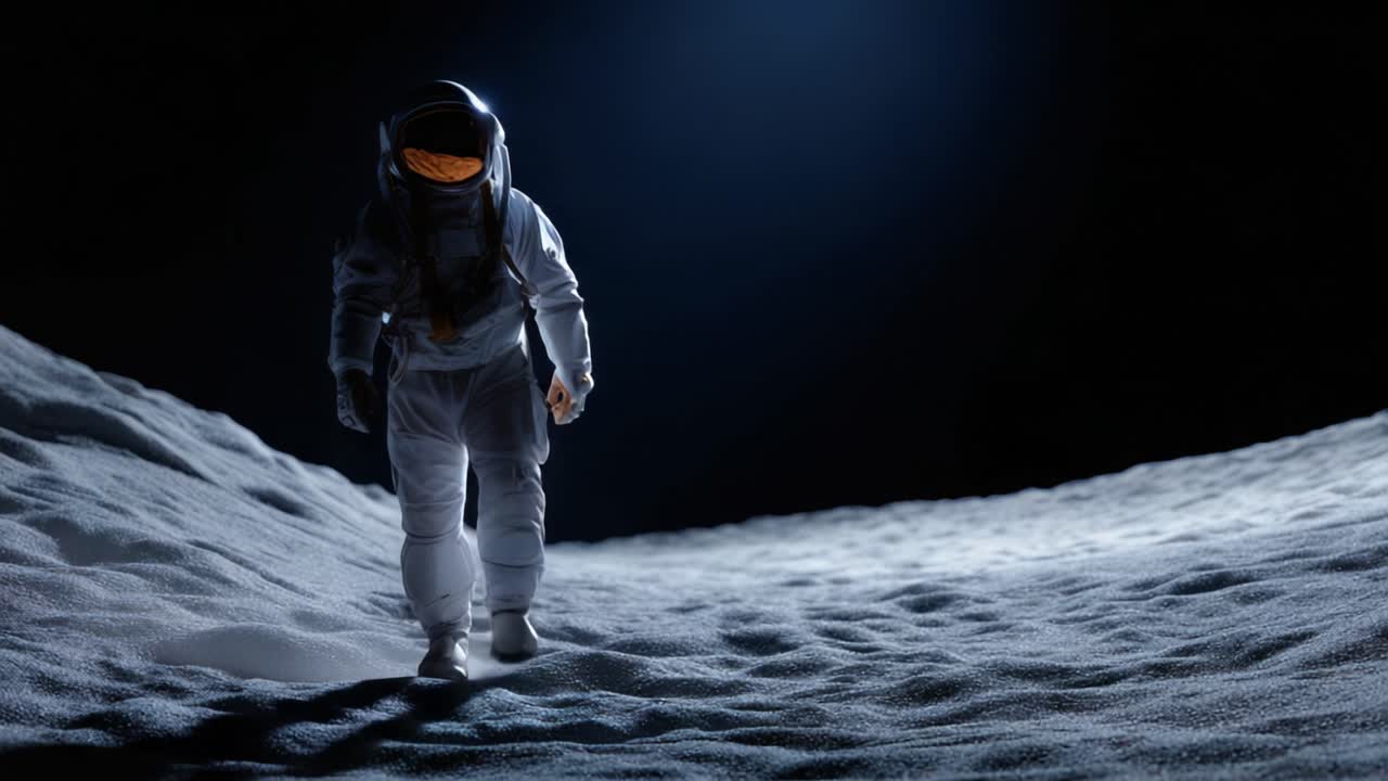 An astronaut explores the serene lunar surface, illustrating the vastness of space and the spirit of human exploration and adventure under a starlit sky