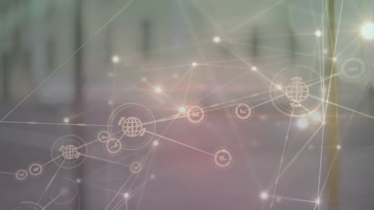 animación de la red de conexiones con iconos sobre el paisaje urbano