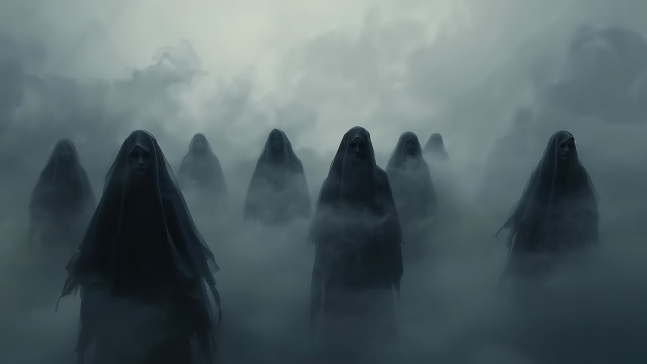 Fog thickening, hooded spectral figures dissolving into mist, camera ascending into pale clouds