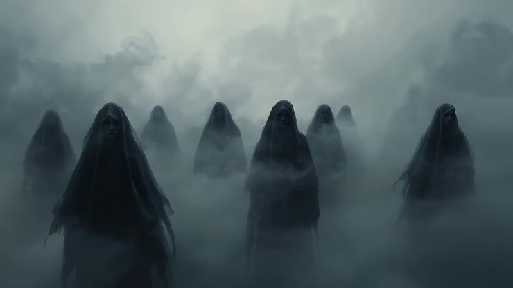 Fog thickening, hooded spectral figures dissolving into mist, camera ascending into pale clouds