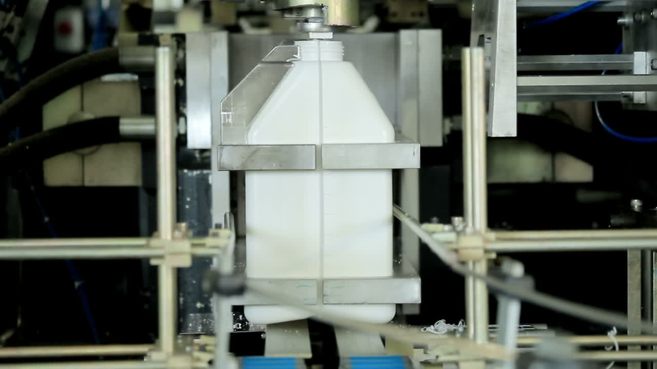 Plastic canister on manufacturing line. Automated production line