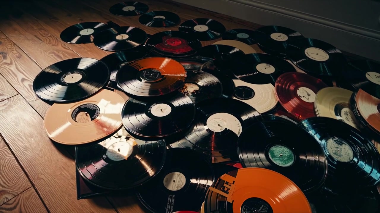 Collezione di dischi in vinile vintage sparsi su un pavimento di legno