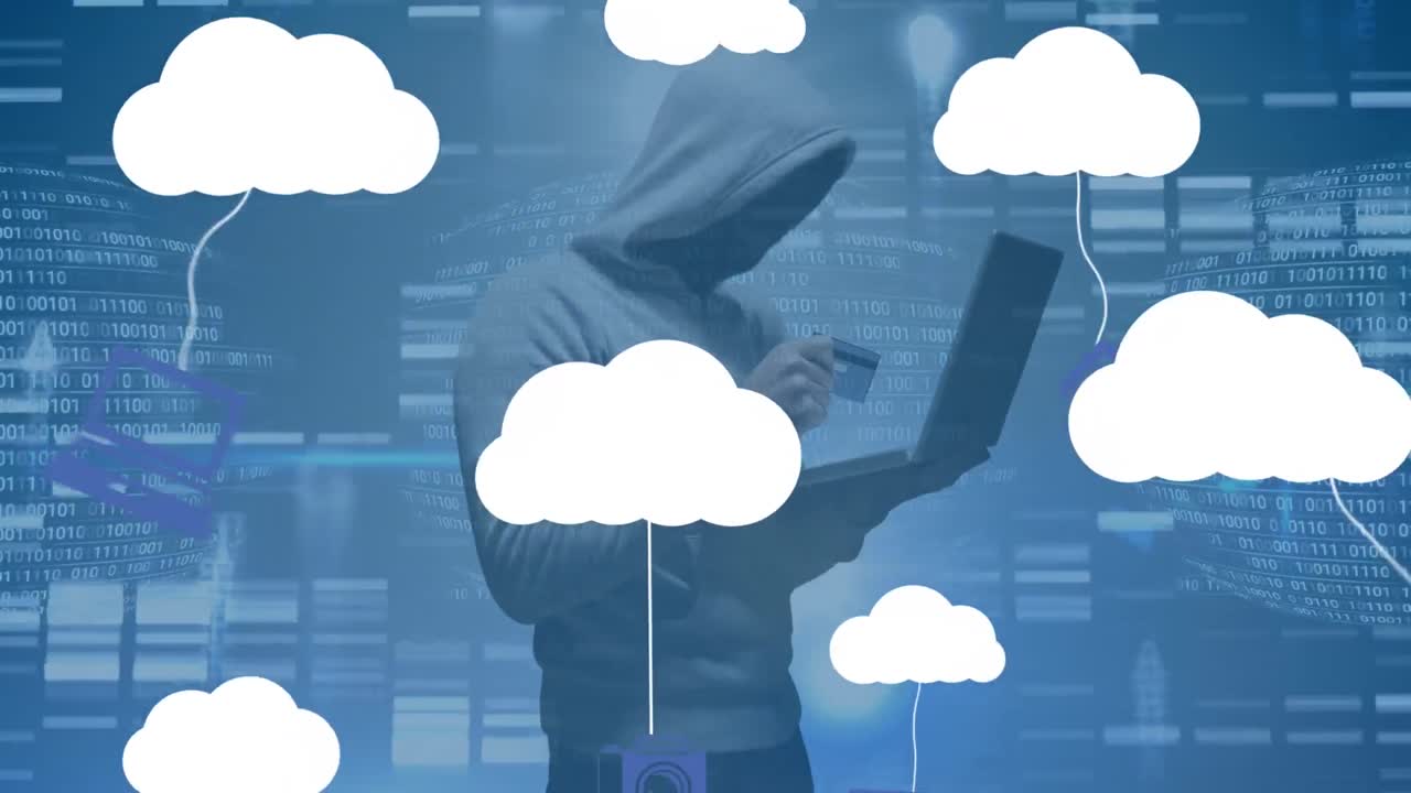 animación de nubes con iconos sobre hacker usando computadora portátil y procesamiento de datos
