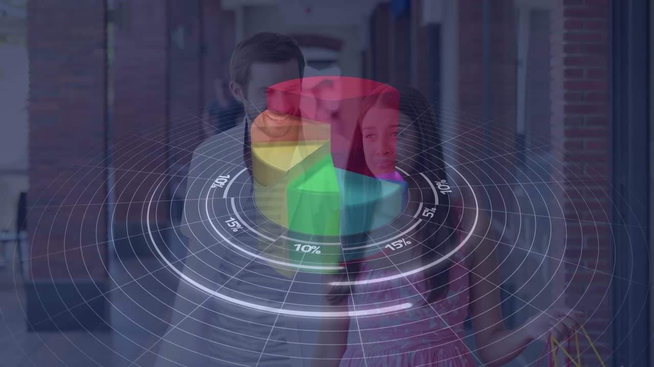 animación de procesamiento de datos y gráficos sobre diversas mujeres y hombres tomados de la mano