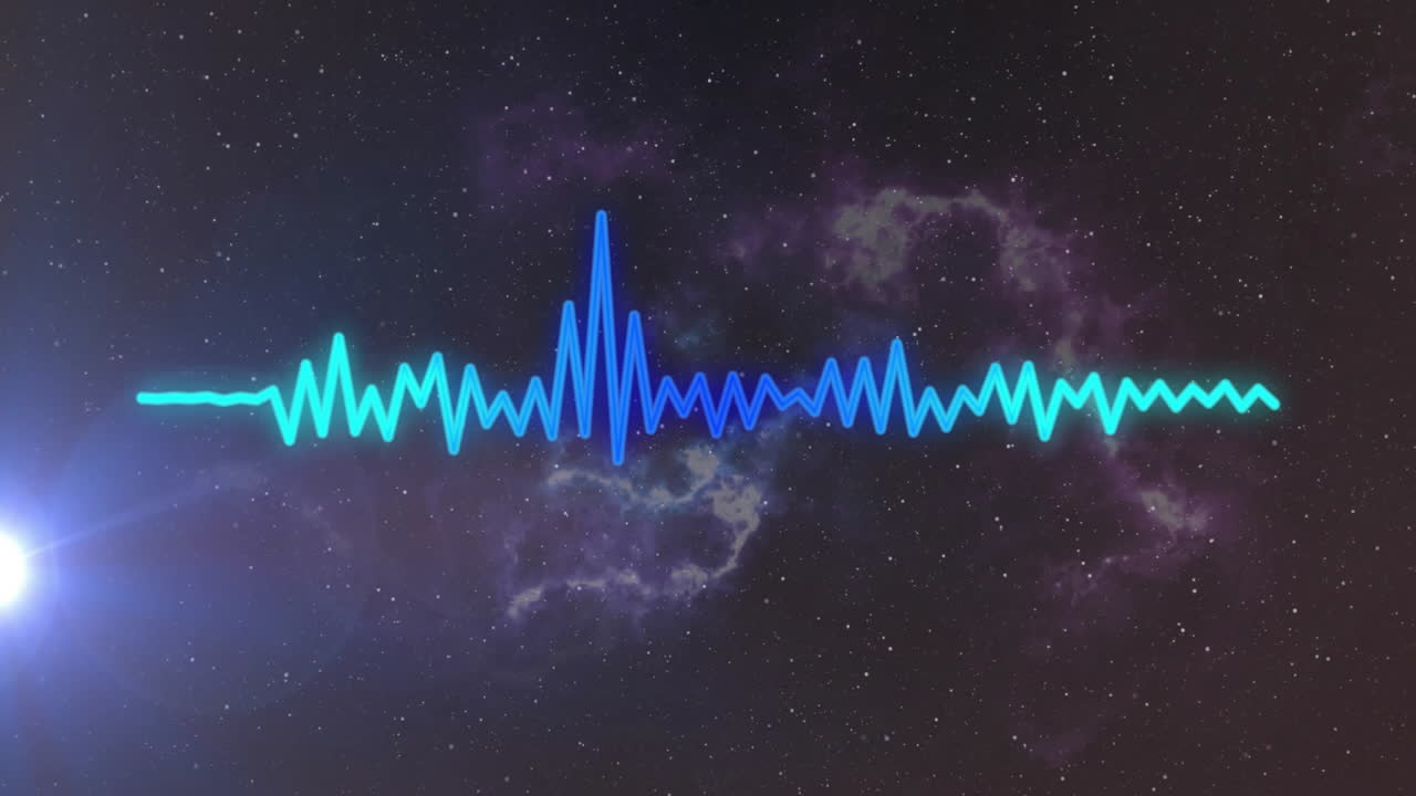 Soundwave animation over cosmic starry background with nebula in space