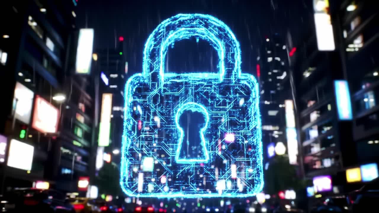 A Stunning Visual Representation of Digital Security: A Glowing Lock Icon Against a Futuristic Urban Background, Symbolizing Privacy and Protection in the Digital Age