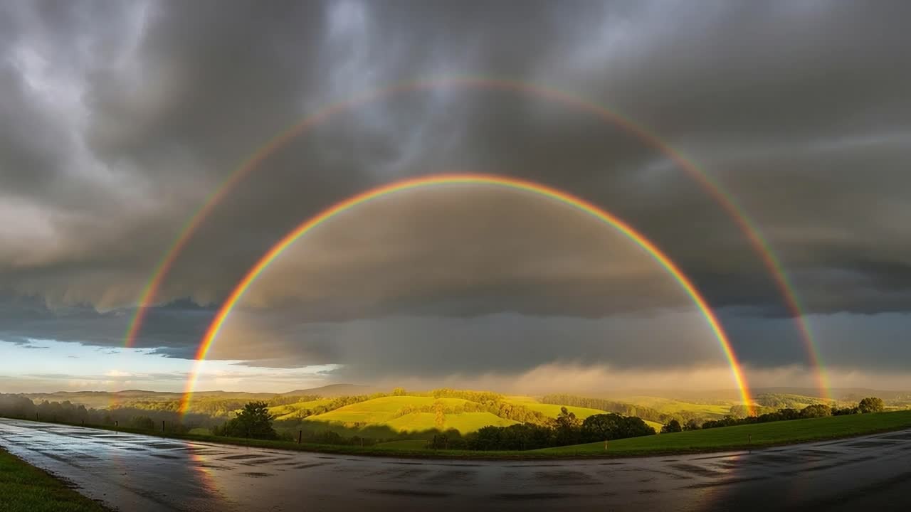 A Stunning Double Rainbow Arches Over Lush Green Hills Beneath Dramatic Skies, Creating a Magical Landscape that Captivates the Viewer with Its Beauty and Wonder