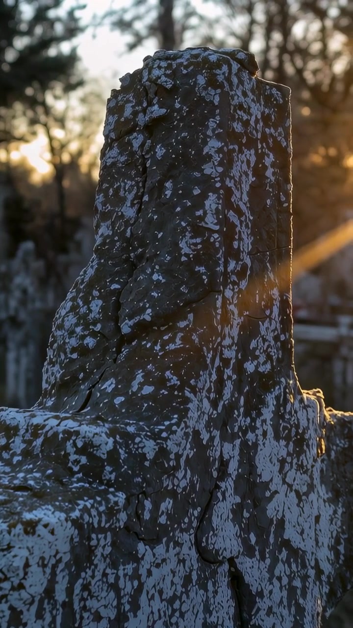 Video verticale: Un raggio di sole catturato mentre il sole basso si sposta, illuminando una croce di pietra con licheni in un cimitero.