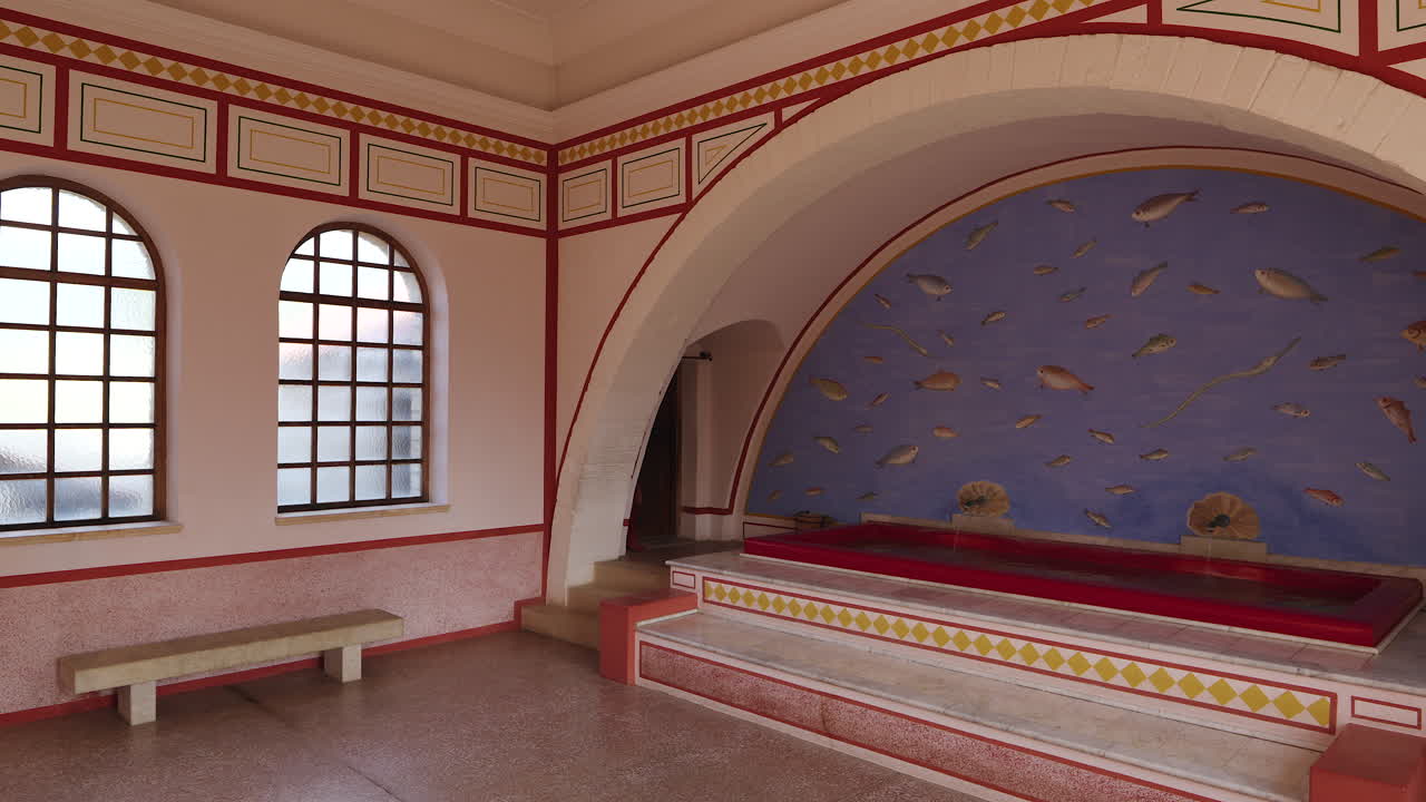 Ancient Roman Bath Interior with Fish Mural