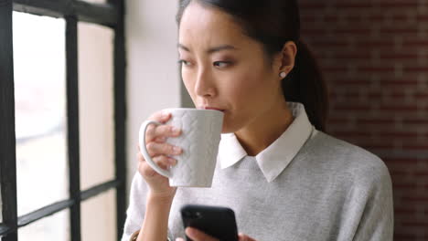 Morning-coffee,-phone-and-Asian-business-woman