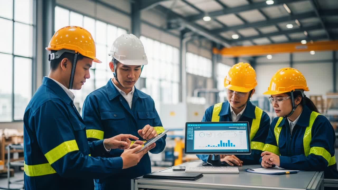 Team of Construction Workers Collaborating in a Modern Industrial Environment, Analyzing Data on Tablets and Screens for Project Management and Efficiency