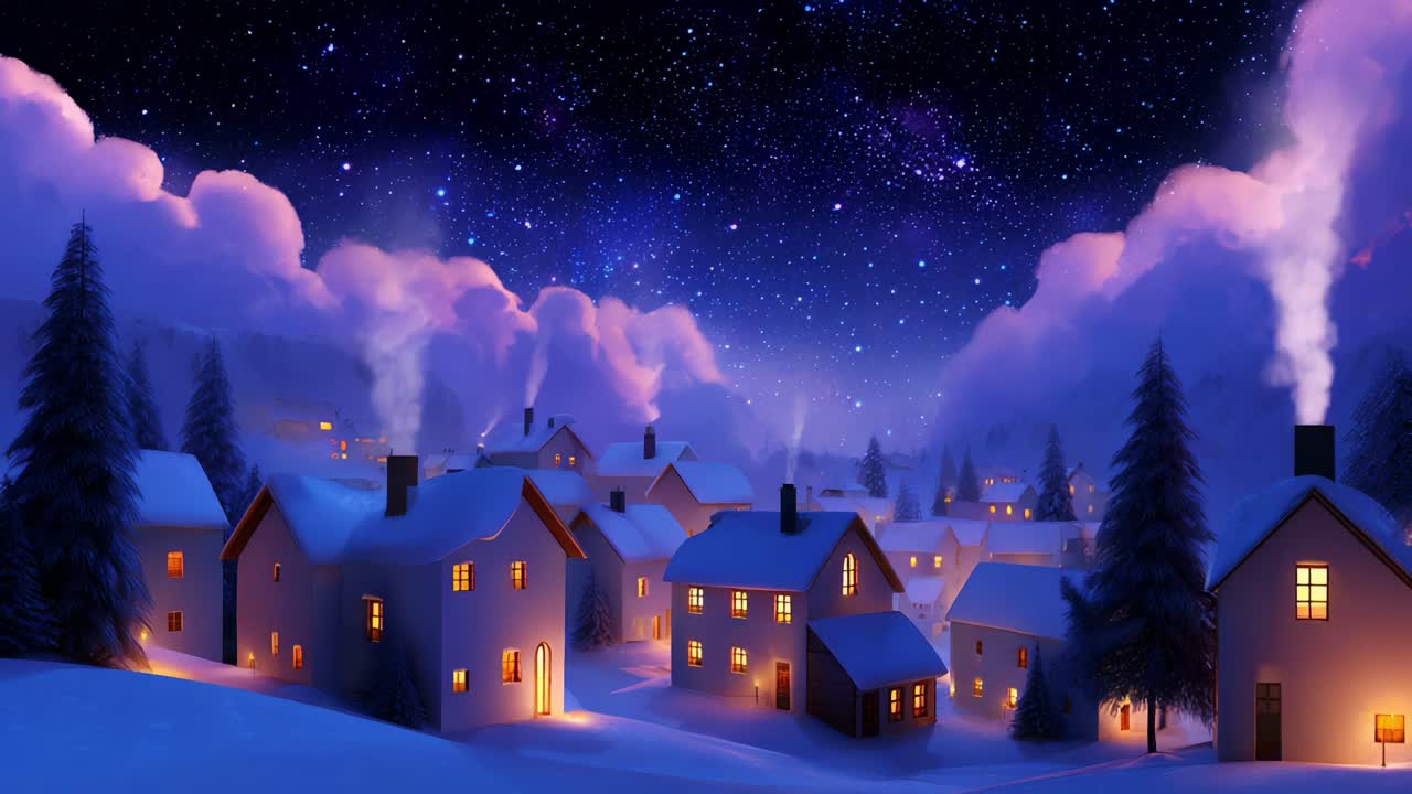 A serene winter night evokes a cozy ambiance in a snow-covered village, where warm lights glow from charming cottages amidst a vast starry sky and wispy cloud formations, creating a tranquil and picturesque scene