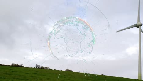 animation of globe with data processing over wind turbine