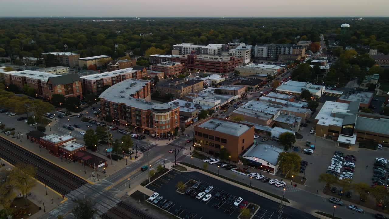Aerial View of a Suburban Downtown Area at Twilight