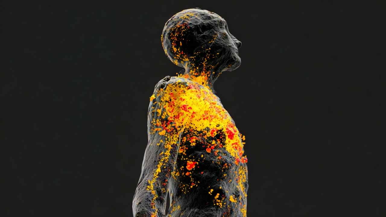 An abstract visualization showcasing a human figure enveloped in a vibrant explosion of colors, representing an artistic interpretation of inner emotions and energies