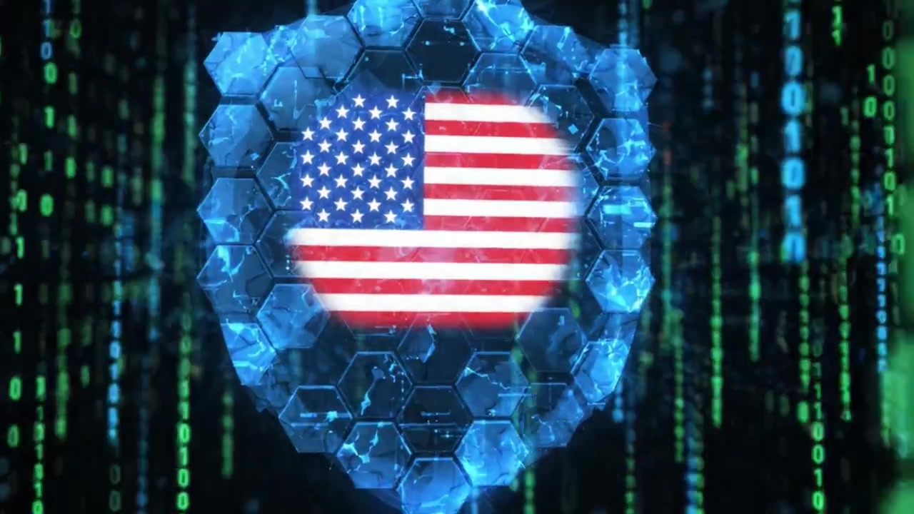 A Futuristic Shield Displaying a Hexagonal Pattern Surrounded by Binary Code, Emphasizing Security with an American Flag in the Center