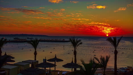 bathhouse along sea shore with palm trees blowing in the wind and sun disappearing at horizon with beautiful orange sky over sea at sunset, day to night time lapse