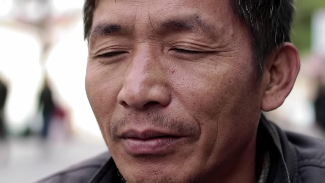 A man with closed eyes sits contentedly on a busy street, taking in the sounds and atmosphere around him. His calm demeanor contrasts with the lively environment, creating a reflective moment.