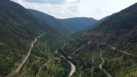 gorges du tarn with roads on mountains aerial shot tarn river aveyron lozere