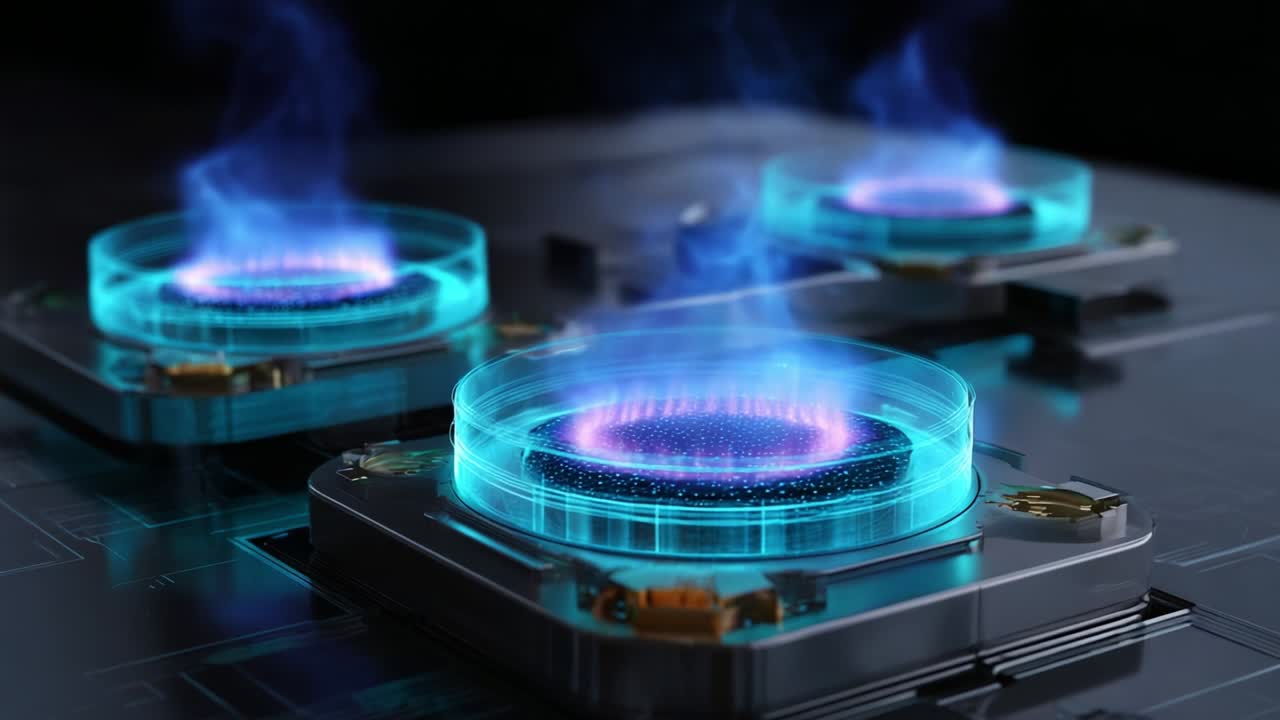 Dynamic Display of Advanced Energy Platforms Emitting Ethereal Glow, Featuring Circular Elements Surrounded by Vibrant Blue and Purple Flames on a Sleek Technological Surface with Futuristic Aesthetics