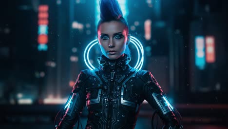 futuristic cyberpunk character with neon accents and intense expression, set in a vibrant urban environment with technological aesthetics and bold colors