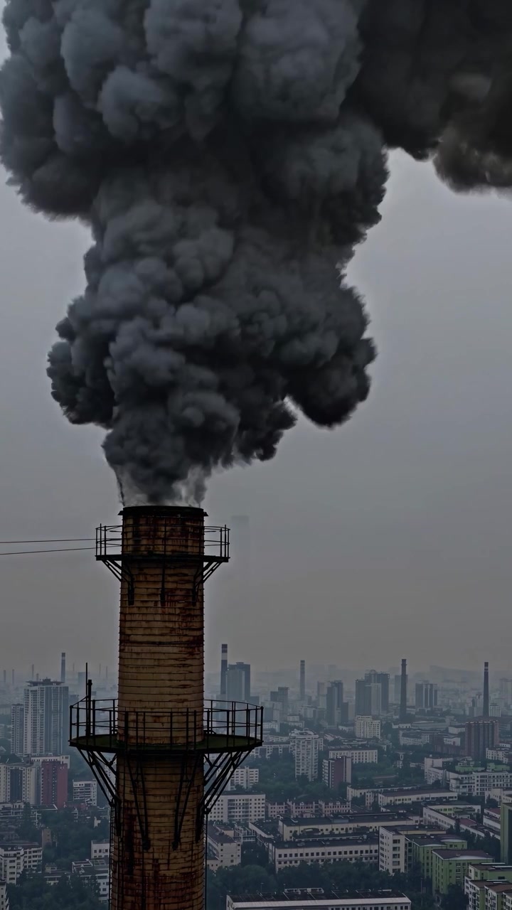 Industrial Smoke Stack Emitting Thick Pollution Over City Skyline