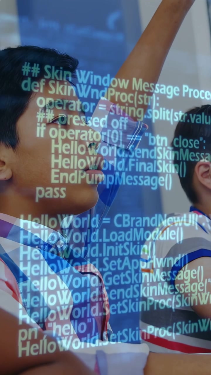 Vertical video: Teen boy raising hand speaking in class as code shifting on face to join discussion