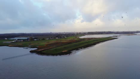 Aerial-View-Of-Birds-Flying-Above-Crezeepolder-Nature-Reserve-At-Ridderkerk-In-Netherlands-Beside-River-Noord