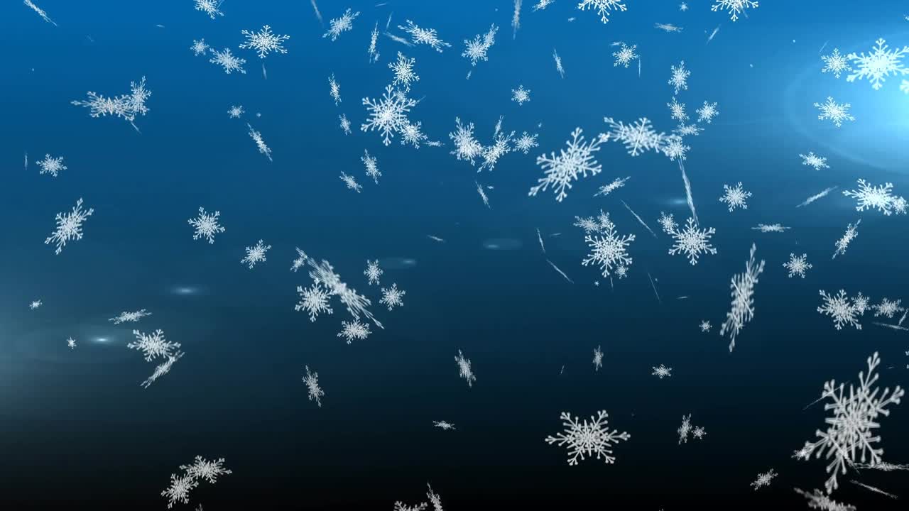 As snowflakes drift Santa sleigh and reindeer entering left traveling right conveying festive joy