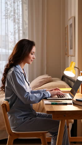 woman working on laptop in pajamas at her desk in a bedroom