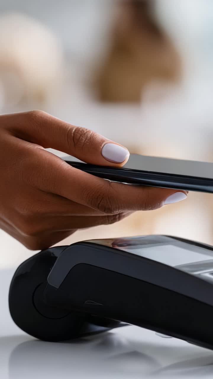 A hand using a smartphone for contactless payment at a modern payment terminal, showcasing the convenience of digital transactions in everyday life
